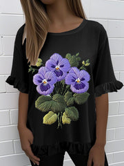 Women'S Retro Purple Floral Print Round Neck Ruffle Short Sleeve T-shirt