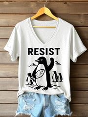 Women's Penguins Resist Printed V Neck T-shirt