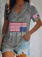 Women’s V-Neck Retro We Are Not Ok Print T-Shirt