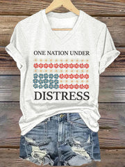 Women's V-neck Retro One Nation Under Distress Print T-Shirt