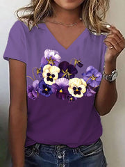 T-shirt col V à imprimé floral violet pour femme, motif Alzheimer