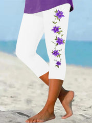 Women's Alzheimer's Purple Flower Print Awareness Support Cropped Leggings