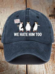 Unisex Penguin Boycott Tariffs We Hate Him Too Print Baseball Cap