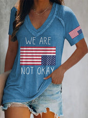 Women’s V-Neck Retro We Are Not Ok Print T-Shirt