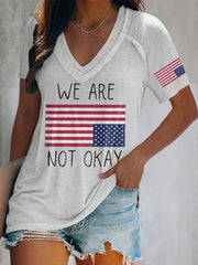 Women’s V-Neck Retro We Are Not Ok Print T-Shirt