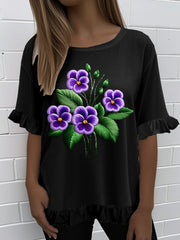 Women'S Retro Purple Floral Print Round Neck Ruffle Short Sleeve T-shirt