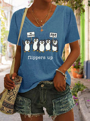 Women's Penguins Flippers Up Print V Neck Casual T-Shirt