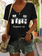 Women's Penguins Flippers Up Print V Neck Casual T-Shirt