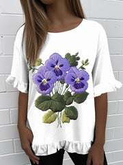 Women'S Retro Purple Floral Print Round Neck Ruffle Short Sleeve T-shirt