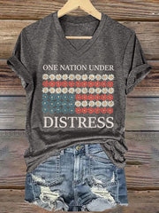 Women's V-neck Retro One Nation Under Distress Print T-Shirt