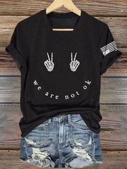 V-Neck Retro Skeleton Hand We Are Not Ok Print T-Shirt