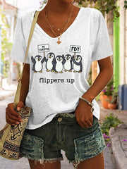 Women's Penguins Flippers Up Print V Neck Casual T-Shirt