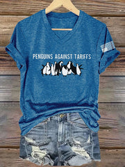 V-Neck Retro Penguins Against Tariffs Print T-Shirt
