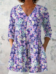 Women's Casual Art Purple Floral Cotton And Linen Shirt
