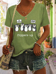 Women's Penguins Flippers Up Print V Neck Casual T-Shirt