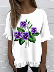 Women'S Retro Purple Floral Print Round Neck Ruffle Short Sleeve T-shirt