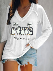 Women's Penguins Flippers Up Print V Neck T-Shirt