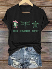 Women's Frog Dragonfly Turtle Printed V Neck T-shirt