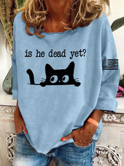 Women's Casual Long-Sleeved Round-Neck Cat Print Loose T-Shirt