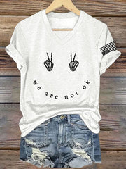 V-Neck Retro Skeleton Hand We Are Not Ok Print T-Shirt