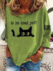 Women's Casual Long-Sleeved Round-Neck Cat Print Loose T-Shirt
