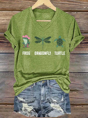Women's Frog Dragonfly Turtle Printed V Neck T-shirt