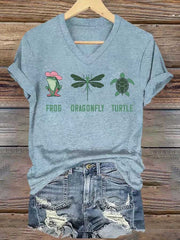 Women's Frog Dragonfly Turtle Printed V Neck T-shirt