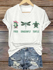 Women's Frog Dragonfly Turtle Printed V Neck T-shirt