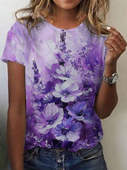 Women's Alzheimer's Awareness Purple Floral Printed Short-sleeved T-shirt