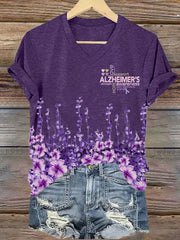 Women's Alzheimer's Disease Awareness Floral Print V-Neck T-Shirt
