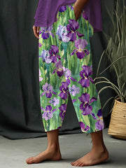 Women's Alzheimer's Awareness Purple Floral Iris Printed Pants