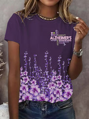 Women's Alzheimer's Disease Awareness Floral Print O-Neck T-Shirt