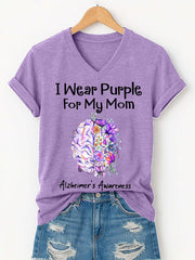 Women's I Wear Purple For My Mom Alzheimer's Awareness Support V-Neck Tee