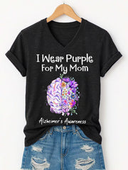 Women's I Wear Purple For My Mom Alzheimer's Awareness Support V-Neck Tee