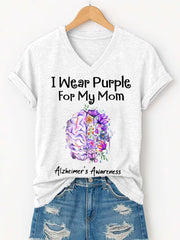 Women's I Wear Purple For My Mom Alzheimer's Awareness Support V-Neck Tee