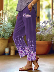Women's Alzheimer's Awareness Purple Floral Printed Elegant Cotton Linen Nine-minute Trousers