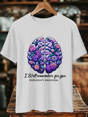 Women's Alzheimer's Awareness I Will Remember For You Floral Printed Short Sleeve T-Shirt