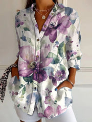 Women's Alzheimer's Awareness Purple Floral Printe Casual Long Sleeve Shirt