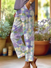 Women's Casual Purple Art Pansy Printed Cotton Linen Trousers