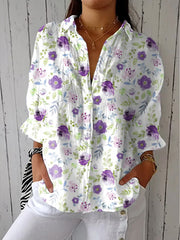 Women's Casual Purple Art Pansy Printed Cotton Linen Casual Long Sleeve Shirt