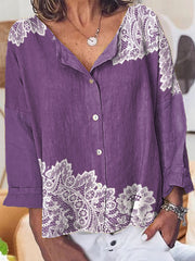 Women's Casual Purple Flofal Printed Cotton Linen Shirt