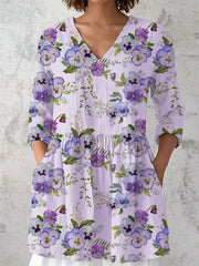 Women's Alzheimer's Awareness Purple Floral Print V-neck Cotton and linen Long Sleeve Shirt