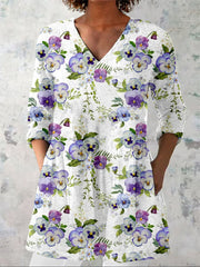 Women's Alzheimer's Awareness Purple Floral Print V-neck Cotton and linen Long Sleeve Shirt