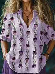 Women's Alzheimer's Awareness Purple Floral Printed O-Neck Cotton Linen Comfortable Long Sleeve Shirt