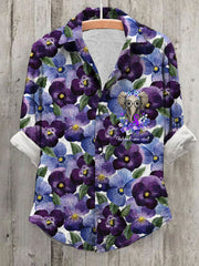 Women's Alzheimer's Awareness Purple Floral Pansy Forget Me Not Printed Top