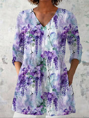 Women's Alzheimer's Awareness Purple Floral Print V-neck Cotton linen Long Sleeve Shirt