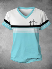 Women's Faith Cross Stripes Print Casual V-Neck Tee