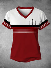 Women's Faith Cross Stripes Print Casual V-Neck Tee