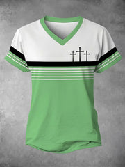 Women's Faith Cross Stripes Print Casual V-Neck Tee