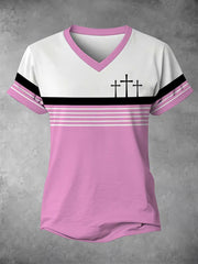 Women's Faith Cross Stripes Print Casual V-Neck Tee